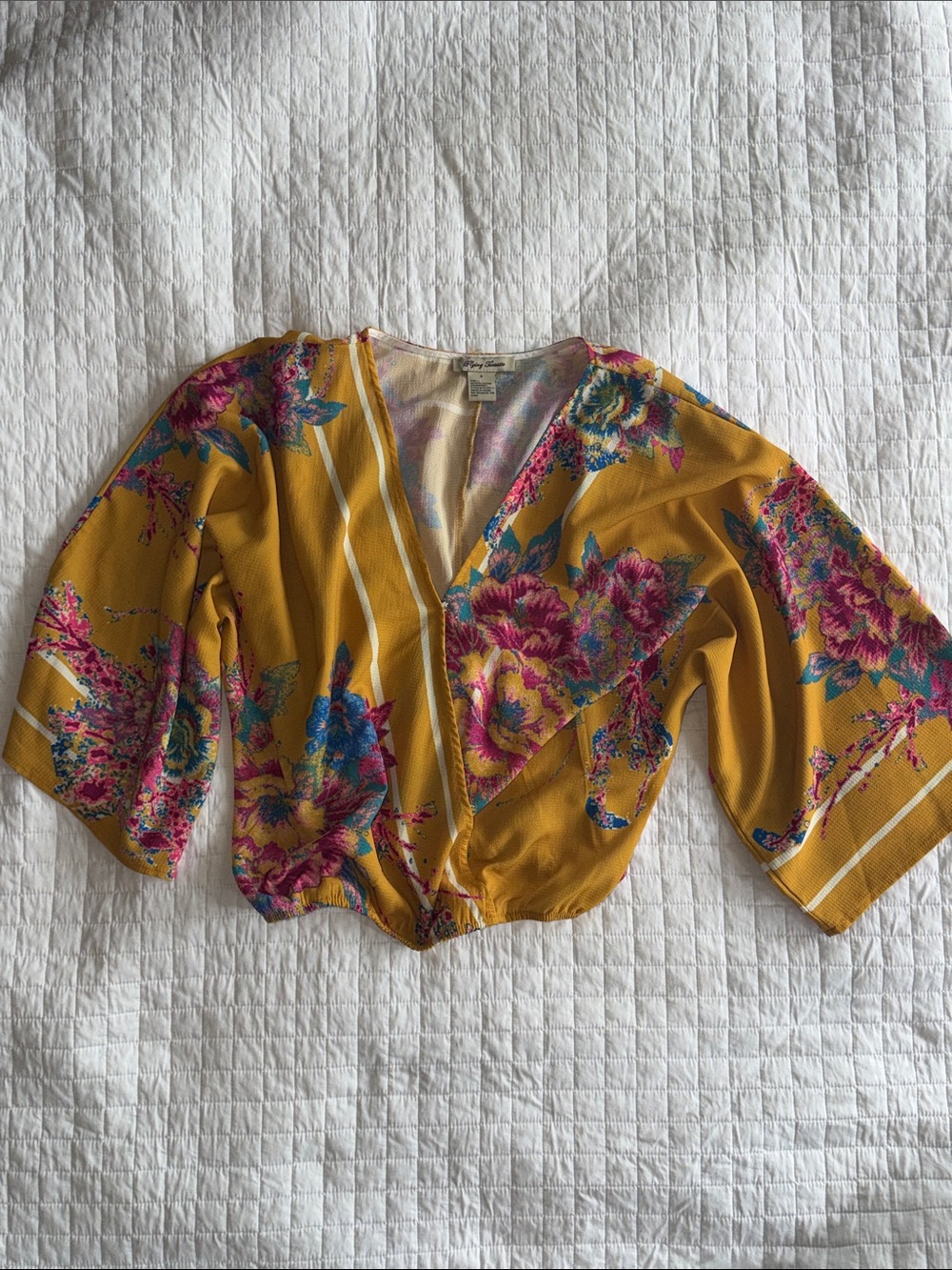 Flying Tomato Mustard Floral Wrap Crop Blouse with Pink and Blue Accents